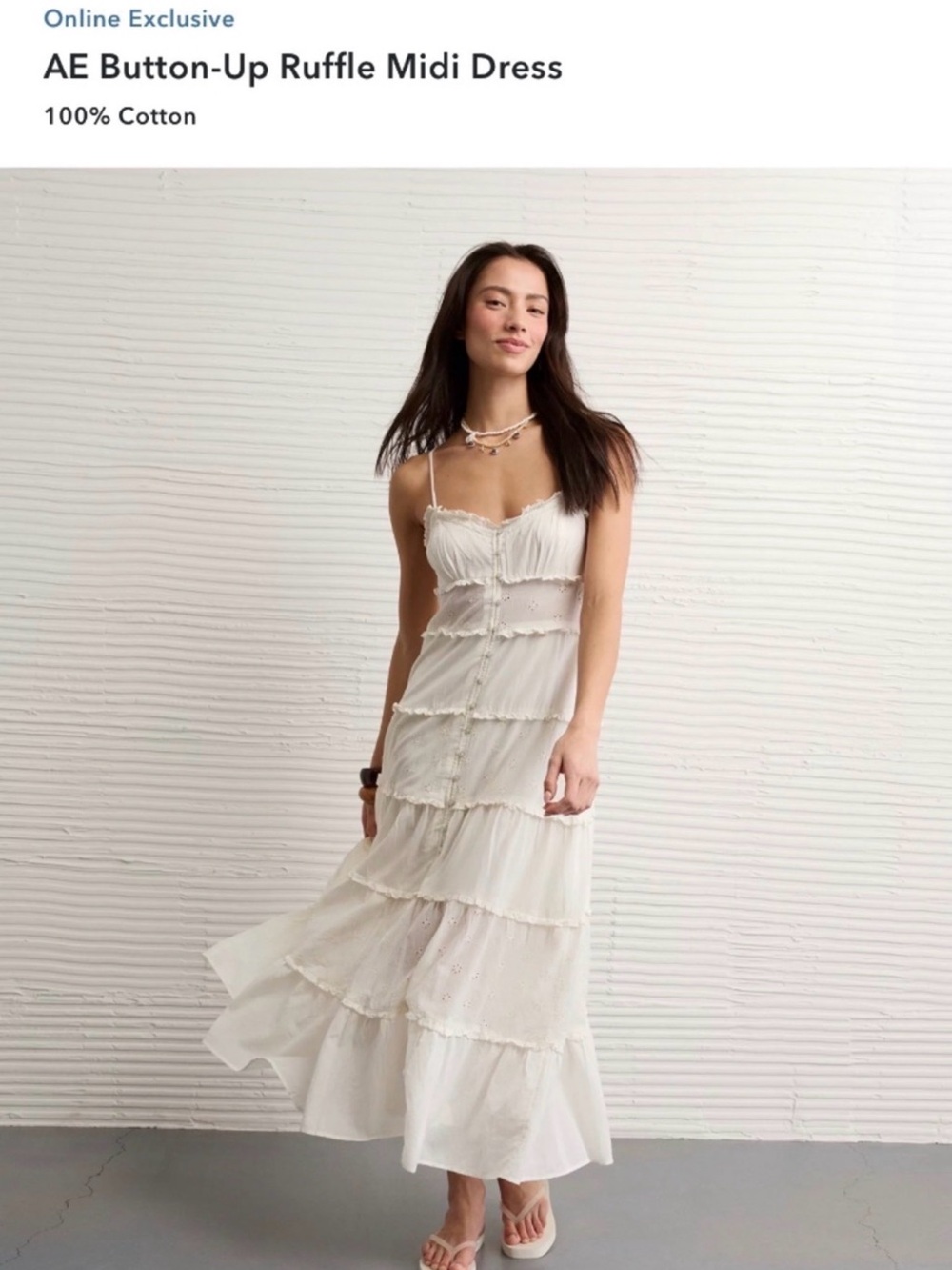 American Eagle Outfitters Cream Button-Up Ruffle Midi Dress